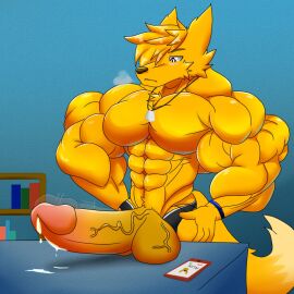 abs balls big_penis big_tail blush bracelet cum cumming fennec furry glans looking_at_own_penis male muscles naked neckless orange_fur orgasm pecs penis purple_eyes standing_up taiko-sihori throbbing tongue tongue_out