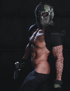 3d arm_tattoo ass bettybattaglia black_background call_of_duty call_of_duty_modern_warfare_(2019) chest_tattoo gloves gun headset looking_at_viewer male masked masked_male nikto nipple_piercing nipples pants_down pierced_nipples piercing pistol shirt_up solo_male tattoos