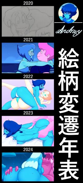 1boy 1girls alien alien_girl alien_humanoid ambiguous_penetration andrwy artist_name ass ass_focus ass_grab big_ass blue_body blue_hair blue_skin breasts cartoon_network doggy_style duo female female_penetrated gem_(species) human_penetrating humanoid kissing lapis_lazuli_(steven_universe) male male/female motorcycle_position nipples on_bed pink_body pink_skin pink_steven semi-genderless semi-genderless_female steven_quartz_universe steven_universe straight