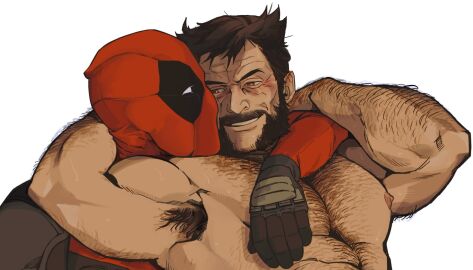 2boys abs arm_around_neck arm_hair armpit_hair armpits arms_up bara beard black_gloves bonjourdraws brown_eyes brown_hair chest_hair clothed_male_nude_male couple deadpool deadpool_&_wolverine_(2024) eye_contact facial_hair gay gloves hand_on_another's_chest headlock looking_at_another male male_focus male_only marvel marvel_comics mask mature_male multiple_boys multiple_males muscular muscular_chest muscular_male nipples nude pectorals red_mask simple_background smile spandex superhero_costume teeth topless_male upper_body white_background white_eyes wolverine_(x-men) x-men yaoi