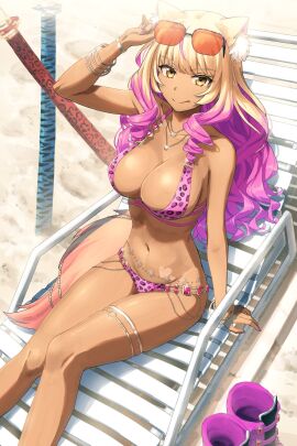 1girls animal_ears animal_print beach bikini blonde_hair bracelet breasts brown_eyes chair dark-skinned_female dark_skin drill_hair eyewear_on_head fate/grand_order fate_(series) female fox_ears fox_tail gal ganguro gradient_hair gyaru gyaru_gal highres jewelry kamo_ashi katana kuro_gyaru large_breasts leopard_print long_hair lounge_chair multicolored_hair navel pink_bikini pink_hair pink_nails planted planted_sword planted_weapon shoes sunglasses suzuka_gozen_(fate) suzuka_gozen_(swimsuit_rider)_(fate) suzuka_gozen_(swimsuit_rider)_(second_ascension)_(fate) swimsuit sword tail tan thigh_strap unworn_shoes weapon