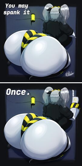1girls ass ass_bigger_than_head ass_bigger_than_torso ass_focus big_ass big_breasts bottom_heavy breasts bubble_butt clothing dat_ass dialogue facing_away fat_ass female female_only full_version grey_hair huge_ass j_(murder_drones) jacket kneeling large_ass massive_ass meme metal_hair mrmelted murder_drones on_knees panties png rear_view robot robot_girl solo tail talking_to_viewer text thick_ass thick_thighs thunder_thighs wide_hips you_may_spank_it_once_(meme)