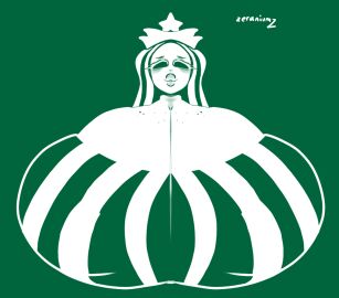 breasts clothed female huge_breasts logo milf starbucks starbucks_barista starbucks_siren tagme zeraniumz