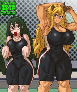 2girls big_breasts blonde_hair blue_eyes breasts busty_female detailed_background exposed_armpits female freckled_skin freckles horns_and_hooves long_hair looking_at_another muscular muscular_female my_hero_academia orange_body original_character public public_place shosho_oekaki size_play swimsuit thick_thighs tongue tongue_out tsuyu_asui