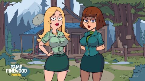 2girls american_dad blonde_hair bob_cut breasts brown_hair camp_pinewood_remix danny_phantom eyebrows eyebrows_visible_through_hair eyelashes female fence francine_smith green_shirt hand_on_own_hip large_breasts lipstick long_hair looking_at_viewer madeline_fenton miniskirt mountain name_tag necklace pink_lipstick purple_eyes red_lipstick short_hair skirt stockings taut_shirt thighs tight_clothing tree vaultman wide_hips