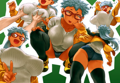 big_breasts black_leggings blue_hair booty_shorts breast_grab breasts breasts_bigger_than_head breasts_grab cat_smile closed_eyes cute_fang dark-skinned_female dark_skin eyes_closed female glasses green_background grey_sweater groping groping_breasts hands_in_pockets huge_breasts large_breasts long-haired_female long_hair mmmikedaya narisokonai_(mmmikedaya) nipple_bulge nipples nipples_visible_through_clothing peace_sign red_glasses short_shorts shorts simple_background smiling squatting squinted_eyes sweater thick_thighs thighhighs thighs yellow_shoes