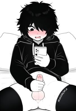 1boy ai_generated artist_name ass_visible_through_thighs balls bangs black_hair black_hoodie black_nails black_thighhighs blush body_blush bottomless bottomless_male doomer_boy dot_nose drooling erection exhibitionism eyelashes eyeliner femboy hair_over_one_eye hand_on_penis highres holding_phone human looking_at_phone lying mahiroka male male_only masturbation messy_hair monochrome navel on_back on_bed open_mouth painted_nails pale_skin penis perineum petite phone pillow precum self_upload shirt_lift skindentation small_penis solo spot_color steamy_breath sweat testicles textless_version thighhighs tongue trembling white_background