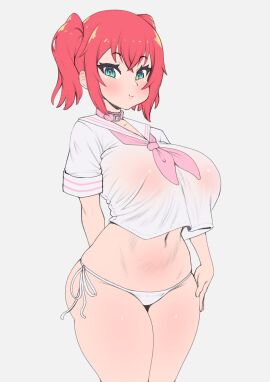 1girls areolae_visible_through_clothing blush breasts collar croptop curvaceous curvy female female_only green_eyes haruka_(whomperfruit) hourglass_figure huge_breasts large_breasts light-skinned_female light_skin massive_breasts original original_character red_hair schoolgirl see-through smile smiling solo thick_thighs twintails wet_clothes whomperfruit wide_hips