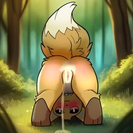 5:4 animal_genitalia animal_pussy anus ass big_ass big_butt bodily_fluids brown_body brown_fur canid canine clothing eevee feet female feral fluffy fluffy_chest fur generation_1_pokemon genital_fluids genitals hi_res holidays mammal nintendo pawpads paws peeing plant pokemon pokemon_(species) presenting presenting_anus presenting_hindquarters presenting_pussy pussy soles solo sweat sweaty_feet swedena toes upside-down urine watersports