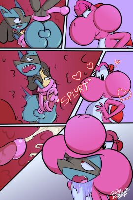 balls bondage cheek_bulge comic commission commission_art crossover cum_in_mouth furry furry_only lucario male mario_(series) papersketch penis pokemon pokemon_(species) testicles tongue tongue_wrap vore vore_comic vore_sex yoshi