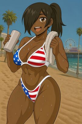 4th_of_july ai_generated america american american_female american_flag_bikini american_flag_bikini_bottom american_flag_bikini_top american_flag_print athletic athletic_female beach beachside bikini black_female black_hair blue_sky brown_eyes dark_skin dark_skinned_female day day_time ferris_wheel fit fit_female fourth_of_july hair_over_eye hair_over_one_eye hi_res hires holding_bottle holding_towel holidays hourglass_figure independence independence_day looking_at_viewer narrow_waist ocean open_mouth orignal_character patriot patriotic patriotic_clothing patriotism pony_tail smile smiling solo solo_female stars stars_and_stripes stripes toned toned_female toned_legs united_states united_states_of_america upscaled water wet wet_body wet_skin wide_hips