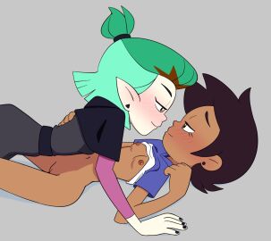 2021 2girls amity_blight blush brown_hair canon_couple clothing dark-skinned_female dark_skin disney disney_channel dominican earrings female female_only fully_clothed green_hair hexside_uniform hispanic human humanoid interracial_yuri latina laying_down light-skinned_female light_skin looking_at_each_other luz_noceda multiple_females multiple_girls no_pants outerwear pale_skin pussy school_uniform short_green_hair straight_hair the_owl_house thrumbo tights tunic uniform witch yuri