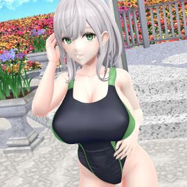 1girls 2024 3d big_breasts breasts cleavage female flower_field green_eyes hati_yukkuri_mmd hololive hololive_fantasy hololive_japan human light-skinned_female light_skin looking_at_viewer mikumikudance mmd outside shirogane_noel short-haired_female solo_female solo_focus swimsuit virtual_youtuber white-haired_female