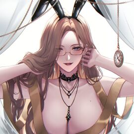 1girls angon623_(artist) behind_curtain blue_eyes breasts brown_hair bunny_ears chains chameleon_(path_to_nowhere) choker curtains earrings female glasses hands_over_head hiding_breasts huge_breasts hypnotizing_viewer light_skin lipstick long_hair looking_at_viewer medallion mole nude path_to_nowhere ribbon watch white_background