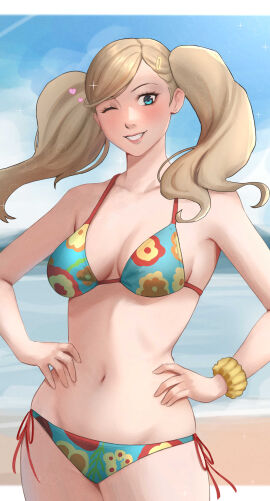 ;d absurdres ann_takamaki ann_takamaki_(swimsuit) beach bikini blonde_hair blue_eyes blue_sky breasts cloud collarbone commentary cowboy_shot day eyelashes female floral_print floral_print_bikini glint grin hair_ornament hairclip hands_on_own_hips heart highres ikhwan_maulana lips long_hair looking_at_viewer medium_breasts multicolored_bikini navel one_eye_closed open_mouth outdoors persona persona_5 print_bikini scrunchie side-tie_bikini_bottom sky smile solo stomach swimsuit symbol-only_commentary tsurime twintails wrist_scrunchie