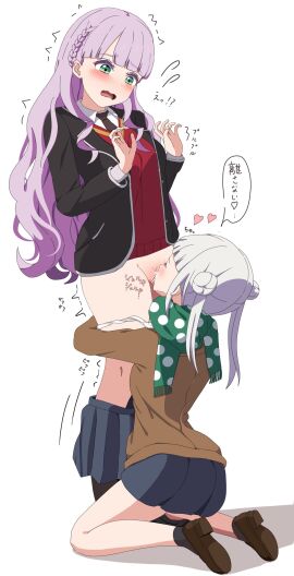 2girls absurdres ankle_socks anklehighs arashi_chisato bar_censor black_jacket black_necktie black_socks blue_skirt blush brown_footwear brown_jacket brown_loafers censored closed_eyes clothes_pull commentary_request cunnilingus double_bun embarrassed female flying_sweatdrops green_eyes green_scarf greyscale hair_bun hairless_pussy hands_up heart highres hugging_another's_leg jacket loafers long_sleeves love_live! love_live!_superstar!! monochrome multiple_females multiple_girls necktie open_mouth oral panties panty_pull polka_dot purple_hair pussy red_shirt scarf school_uniform shirasaki_(ebb_ss) shirt shoes skirt skirt_pull socks socks_and_shoes translation_request trembling twintails underwear vagina white_background white_hair white_panties white_shirt wien_margarete yuri