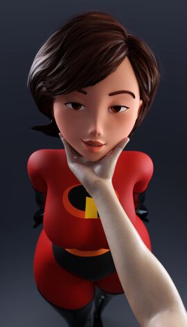 1boy 3d 3d_(artwork) big_breasts bodysuit breasts elastigirl female first_person_view fully_clothed helen_parr holding_face holding_head human human_only male milf mother not_porn pov pov_eye_contact smitty34 superhero_costume superheroine the_incredibles wide_hips