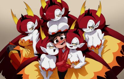 1boy 5girls 6+girls age_difference bare_shoulders black_eyes black_hair blush breast_rest breasts breasts_on_head brown_hair cleavage clothing colored_skin coolerinker cuddling demon demon_girl dress fangs female flirting gloves hair_over_one_eye half-closed_eyes harem hekapoo hetero holding_hands hood horns huge_breasts inker_comics inkershike large_breasts long_hair looking_at_viewer male marco_diaz multiple_females multiple_girls naughty_face open_mouth pale_skin pointy_ears red_hair sandwiched short_hair smile star_vs_the_forces_of_evil strapless strapless_dress teeth very_long_hair white_skin wings yellow_dress yellow_eyes