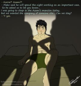 1boy 2girls abs artist_name asami_sato assertive_female avatar_legends bara bisexual_female black_hair blush bolin boxers briefs bulge canon_couple english_text female imminent_sex imminent_threesome korra leg_hair lucky_bastard male male_focus male_only male_underwear messy_hair muscular muscular_male navel navel_hair nipples nonbender pabloeinstein pectorals propositioning seducing shadows short_hair silhouette sitting solo solo_focus stomach swingers text the_avatar the_legend_of_korra thick_thighs thighs underwear underwear_only water_tribe yaoi