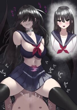 1boy absurdres artist_request before_and_after blue_bra blue_sailor_collar blue_skirt blunt_bangs bra breasts choker collarbone corruption dark_persona demon demon_girl female femdom highres hime_cut large_breasts male midriff navel original pleated_skirt pubic_tattoo reverse_rape sailor_collar school_uniform serafuku sex skirt tatsunohiroigo3 tattoo transformation underwear wings