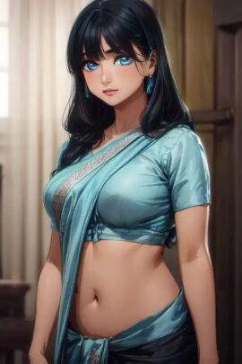 1girls ai_generated large_breasts light-skinned_female long_hair looking_at_viewer red6161 saree sari slightly_chubby