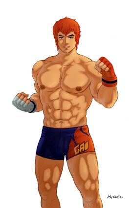 10s 1boy 2012 abs bara belly_button brown_eyes bulge buriki_one fingerless_gloves gai_tendo ginger hydaria king_of_fighters male male_only muscular muscular_male nipples orange_hair shorts simple_background snk solo tagme video_games white_background yaoi