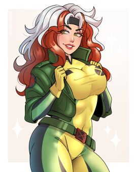 1girls 2025 2d 2d_(artwork) anna_marie bodysuit brown_hair clothing dangerousbride female female_only fully_clothed gloves green_eyes hairband jacket long_hair looking_at_viewer marvel marvel_comics questionable red_lipstick rogue_(x-men) smiling smiling_at_viewer solo two-tone_hair very_high_resolution white_hair x-men