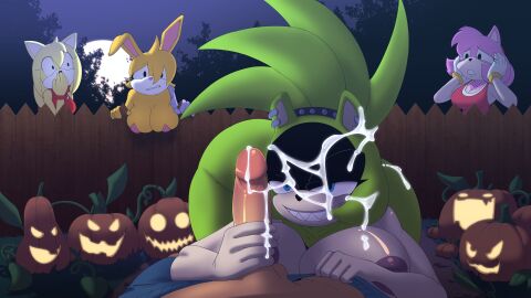 absurd_res afrosoricid amy_rose anthro archie_comics bedroom_eyes big_penis bodily_fluids breasts bunnie_rabbot canid canine clothed clothing covering covering_mouth cum cum_on_face eulipotyphlan fappuccino fappuccinoart female fence fox genital_fluids genitals grinning_at_viewer group halloween_themed handjob hedgehog hi_res human idw_publishing jack-o'-lantern lagomorph leporid male male/female mammal moon narrowed_eyes night nude partial_male penile penis pumpkin_patch rabbit seductive sega sex sonic_(series) sonic_boom sonic_the_hedgehog_(archie) sonic_the_hedgehog_(comics) sonic_the_hedgehog_(idw) sonic_the_hedgehog_(series) surge_the_tenrec tenrec underwear watching_from_afar worried_look zooey_the_fox