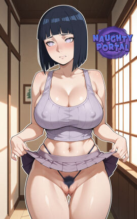 ai_generated big_breasts black_hair blush blush_lines boruto:_naruto_next_generations boruto:_two_blue_vortex breasts cleavage face_blush flossing front_view hyuuga_hinata jorgecarlosai lifting_skirt mature mature_female mature_woman milf mommy mommy_kink naruto naruto_(series) naughtyportal pubic_hair purple_clothes purple_clothing purple_eyes purple_skirt purple_tank_top pussy_floss skirt_lift standing tank_top tanktop thighs thong uzumaki_hinata watermark
