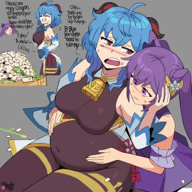 2girls animated belly belly_button_visible_through_clothing belly_expansion belly_rub belly_stuffing big_belly blue_hair boobs breasts cowbell curvy english_text feeder feederism female female_feeder ganyu_(genshin_impact) genshin_impact gif keqing_(genshin_impact) lewdlemage medium_breasts moaning purple_eyes purple_hair stuffed_belly tagme thick_thighs thighs thighs_together weight_gain