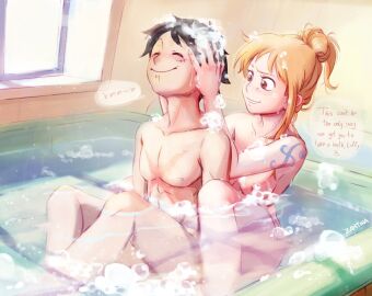 1boy 1girls absolutely_nothing_on arm_tattoo bath bathing bathing_together bathroom bathtub black-haired_male black_hair blue_tattoo breasts breasts_out bubbles casual casual_nudity color couple cute dialogue english_text female hair_bun hair_tied male male_and_female_focus mixed_bathing monkey_d_luffy naked naked_female naked_male nami_(one_piece) nipples no_sex nonsexual_nudity nude nudism nudist nudity obscured_genitals one_piece orange-haired_female orange_hair post-timeskip scar scars sexually_suggestive soaked soap soap_bubbles tattoo tattoo_on_arm tattooed_arm toned toned_female washing washing_another washing_hair washing_partner wholesome wholesome_nudity zantinaa