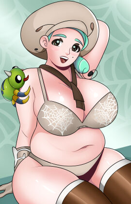 beret big_breasts breasts female game_freak green_hair hand_on_head katy_(pokemon) nintendo pokemon pokemon_sv solo_focus sonson-sensei spinarak underwear