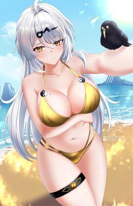 1girls absurdres ahoge alternate_costume arm_under_breasts bare_shoulders bikini bird black_bird blue_sky blush breasts cleavage collarbone commentary cowboy_shot day english_commentary female gold_bikini grey_hair groin hair_ornament highres hollow_mimikyu large_breasts long_hair looking_at_viewer mole mole_on_breast navel outdoors single_hair_intake sky solo stomach swimsuit thigh_gap thigh_strap thighs yellow_eyes yixuan_(zenless_zone_zero) yunkui_summit zenless_zone_zero