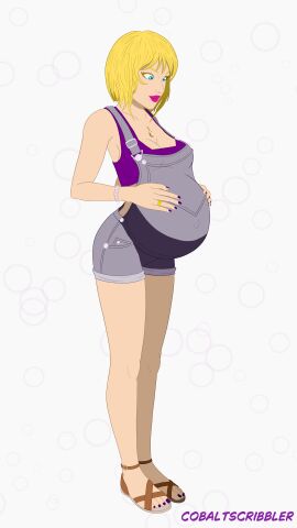 1girls blonde_female blonde_hair blonde_woman blue_eyes bracelet casual clothed clothing cobaltscribbler crop_top female female_only fingernail_polish fingernails gwen_stacy gwen_stacy_(classic) jewelry lipstick marvel marvel_comics milf nail_polish necklace overalls preg pregnancy pregnant pregnant_belly pregnant_female pregnant_woman purple_clothing purple_nails purple_outfit purple_toenails ring sandals short_hair shorts smiling solo spider-man_(series) toenail_polish toes ultimate_spider-man wedding_ring wholesome