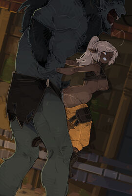 abdominal_bulge ambiguous_penetration arms_held_back belly_bulge big_breasts breasts breasts_out captured dark-skinned_female dark_skin defeated endured_face female gritted_teeth helpless interspecies larger_male larger_male_smaller_female looking_up male monster nipples one_eye_closed open_mouth orange_eyes original pants partially_clothed penis pointy_ears ponytail saliva sex shuuko size_difference smaller_female standing standing_doggy_style standing_sex stomach_bulge suspension tagme troll white_hair