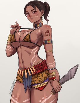 african_female alternate_costume animal_print arm_tattoo armlet body_markings bracelet breasts brown_eyes brown_hair combat_knife dark-skinned_female dark_skin earrings female highres holding holding_knife jewelry knife large_breasts leopard_print luchidart navel ponytail resident_evil resident_evil_5 sheva_alomar sheva_alomar_(tribal) short_hair solo tattoo tribal tribal_markings weapon