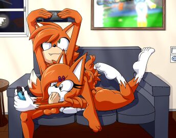 blowjob blowjob_in_the_pose brother_and_sister casual_sex cum cum_in_mouth cum_inside fan_character fellatio female furry incest meyk meyk_the_lynx mia_the_lynx nintendo_switch_console on_couch on_stomach orange_fur playing_videogame sonic_(series) sonic_the_hedgehog_(series) twincest twins