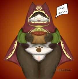 anthro big_breasts breasts breasts_out brown_fur closed_eyes duabdar duadbar felyne female female_only glasses grammeowster_chef holding_object monster_hunter nude nude_female pussy spanish_text tagme tagme_(artist)