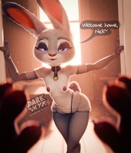3d anthro apartment armwear bedroom_eyes big_ears blender_(artwork) breasts canid canine claws clothing collar darkskye_(artist) digital_media_(artwork) disney doorway duo female first_person_view fishnet_armwear fishnet_clothing fishnet_legwear fluffy fox fur grey_body grey_fur half-closed_eyes hi_res judy_hopps lagomorph legwear leporid lingerie lipstick looking_at_viewer makeup male male/female male_pov mammal narrowed_eyes nick_wilde nipple_piercing nipple_ring nipples panties paws piercing purple_eyes rabbit ring_piercing seductive smile standing text underwear white_body white_fur wide_hips zootopia