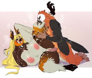 accipitrid accipitriform anthro avian bearded_vulture big_breasts bird blonde_hair bodily_fluids breasts colored_nails duo eared_owl feet female genitals hair hand_on_breast hi_res huge_breasts larger_female leg_glider_position letsdrawcats levante_(enlas) long-eared_owl looking_at_another looking_pleasured male male/female mimi_(breakstep) multicolored_body nails nipples old_world_vulture owl penetration penile penile_penetration penis penis_in_pussy pink_nipples pussy raised_leg sex size_difference smaller_male smile talons thick_thighs toes true_owl vaginal_penetration vulture