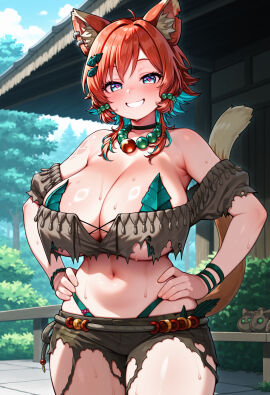 1girls ai_generated armpits blush cat_ears cat_girl cat_tail cleavage green_eyes hands_on_hips huge_breasts indie_virtual_youtuber leaf_bikini leaf_on_breast mozumi_pichi orange_hair pink_pupils revealing_clothes smile sweat virtual_youtuber