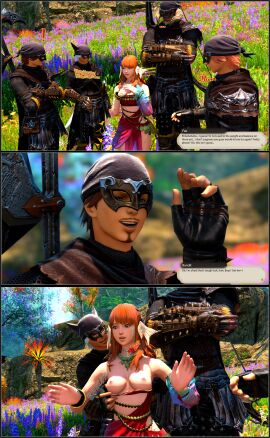 1girls 4boys au_ra bandit breasts clothes_pull clothes_removed comic comic_page final_fantasy_xiv warrior_of_light_(ff14)