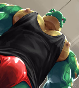 2024 9:10 anthro artist_name biceps big_pecs black_clothing black_shirt black_tank_top black_topwear bulge ceiling clothing dated deltoids dinosaur green_body green_scales hi_res inside kuroma low-angle_view male male_only meme multicolored_body multicolored_scales muscles muscular muscular_anthro muscular_male nipples pecs red_clothing red_eyes red_underwear regin_(kuroma) reptile scales scalie sharp_teeth shirt solo striped_body striped_scales stripes tank_top teeth topwear two-tone_body two-tone_scales underwear vein veiny_muscles yellow_body yellow_scales yur_oc_like_this_(meme)