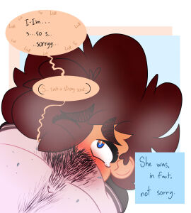 apologetic apologizing apology big_hair blush brown_hair cunnilingus female hairy_pussy heterochromia licking_pussy looking_at_viewer looking_up musk musk_clouds musky_pussy original poshie poshmoon pov pussy scent simple_background smelling_pussy smelly_pussy tear tearing_up text text_bubble