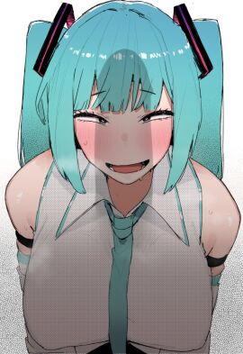 1boy 1girls big_breasts big_penis blush breasts clothed clothed_female clothing covered_erect_nipples erect_nipples erect_nipples_under_clothes female female_focus half-closed_eyes hatsune_miku heart-shaped_pupils highres huge_cock imminent_oral imminent_sex large_breasts looking_at_penis male nipple_bulge no_bra ohasi penis penis_awe penis_shadow simple_background twintails vocaloid white_background