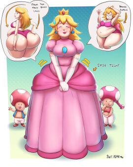 1boy 1males 1man 2female 2girls 2woman 2women ass bbw bra fat_ass female male mario_(series) nintendo princess_dress princess_peach sweetnessadmirer thong tight_clothing toad toad_(mario) toadette weight_gain