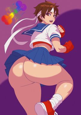 1girls ass ass_focus big_ass blue_skirt bottomless bottomless_skirt brokenbonesad brown_eyes brown_hair bubble_ass bubble_butt capcom clothing female female_only footwear gloves handwear headband headwear huge_ass legs looking_back sakura_kasugano shoes skirt smile solo solo_female street_fighter thighs topwear