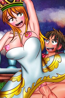 1boy 1girls big_penis breasts color_coded_text couple crown curvy dialogue dress dress_lift english_dialogue english_text female flores functionally_nude_female huge_breasts light-skinned_female light_skin long_hair looking_at_another male monkey_d_luffy nami_(one_piece) nipple_slip nipples_outside one_piece orange_eyes orange_hair penis pillow_shading post-timeskip princess reverse_cowgirl_position riding_penis roleplay sex tan-skinned_male thick_thighs tiara uncensored vaginal_sex white_dress wholesome