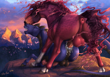 2021 animal_genitalia animal_penis anus ass balls blue_body blue_fur bodily_fluids closed_eyes cloud cum cum_in_ass cum_inside dated day dragon duo equid equine equine_anus equine_genitalia equine_penis erection fangs feral feral_on_feral feral_penetrated feral_penetrating feral_penetrating_feral fur genital_fluids genitals grey_balls grey_body grey_scales hybrid male male/male male_penetrated male_penetrating male_penetrating_male mammal mane mountain mythological_creature mythological_scalie mythology open_mouth outside penetration penis perineum puffy_anus red_balls red_body red_mane red_scales red_tail rufciu scales scalie sex signature sky tail teeth