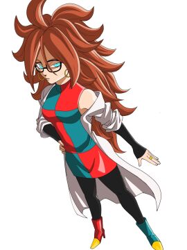 android_21 bitch blue_eyes breasts brown_hair dragon_ball dragon_ball_super earrings female full_body glasses long_hair medium_breasts miniskirt pantyhose skirt